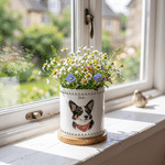 Personalized Watercolor Pet Photo Ceramic Plant Pot with Name and Bamboo Base Anniversary Birthday Gift for Pet Owner