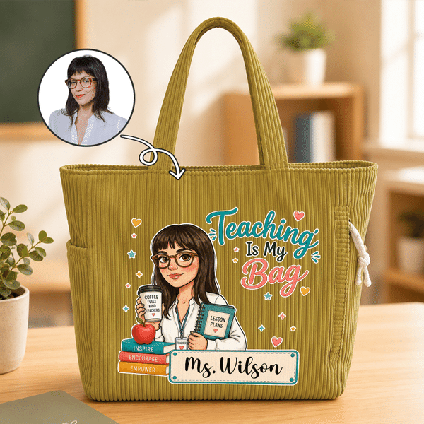 Sac fourre-tout en velours côtelé personnalisé avec illustration de personnage de dessin animé « Teaching Is My Bag » et prénom – Cadeau de rentrée scolaire ou pour la Journée des enseignants