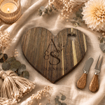 Personalized Engraved Initials Heart Walnut Wooden Cutting Board with Cheese Fork and Cheese Spreader Housewarming Wedding Gift for Newlyweds Couples
