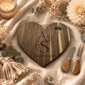 Personalized Engraved Initials Heart Walnut Wooden Cutting Board with Cheese Fork and Cheese Spreader Housewarming Wedding Gift for Newlyweds Couples