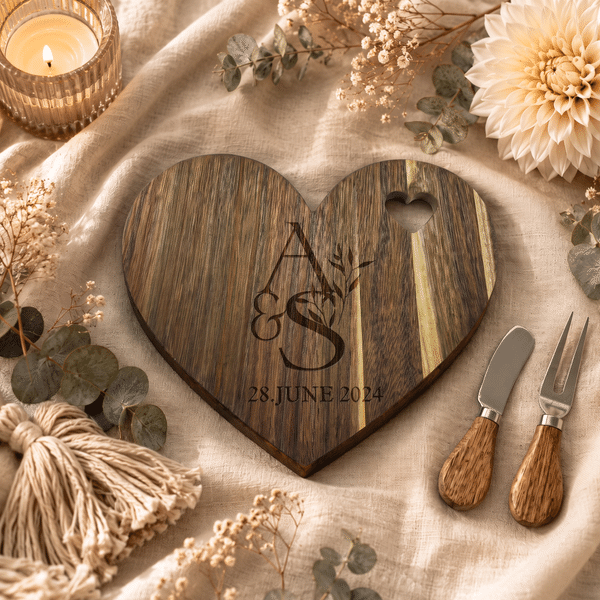 Personalized Engraved Initials Heart Walnut Wooden Cutting Board with Cheese Fork and Cheese Spreader Housewarming Wedding Gift for Newlyweds Couples