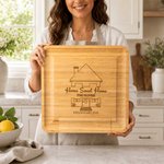 Personalized Wreath House Element Bamboo Cutting Board with Name Date and Drawer Housewarming Anniversary Gift for Family