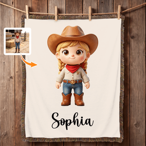 Personalized Cartoon Cowgirl Cowboy Soft Throw Blanket with Name and Tassel Home Decor Birthday Christmas Gift For Kids Cowboy Lovers