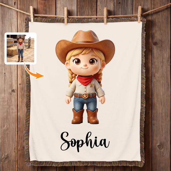 Personalized Cartoon Cowgirl Cowboy Soft Throw Blanket with Name and Tassel Home Decor Birthday Christmas Gift For Kids Cowboy Lovers