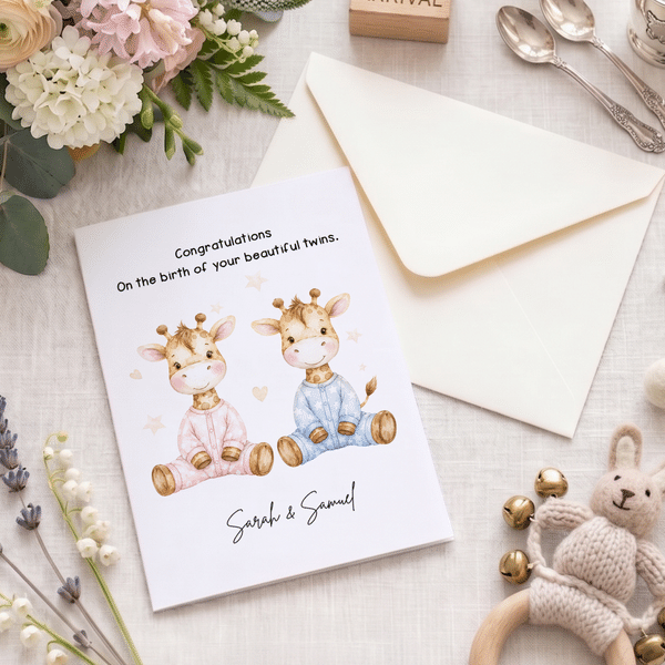 Spersonalizowana, składana kartka z rysunkową żyrafą z okazji narodzin bliźniąt, z imieniem i tytułem – prezent na baby shower lub urodziny dla świeżo upieczonych rodziców