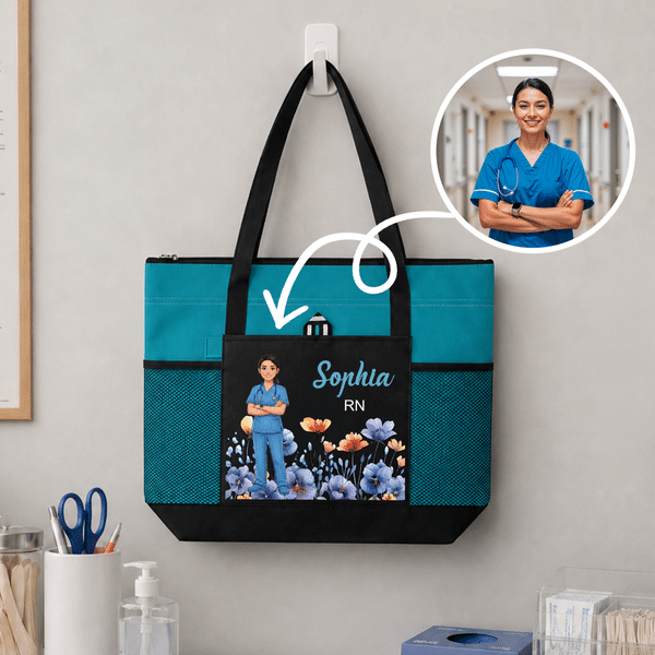 Personalised Doctor Nurse Photo Birth Flower Large Capacity Tote Bag with Name and Mesh Pockets Week Nurse Appreciation Gift for Medical Staff