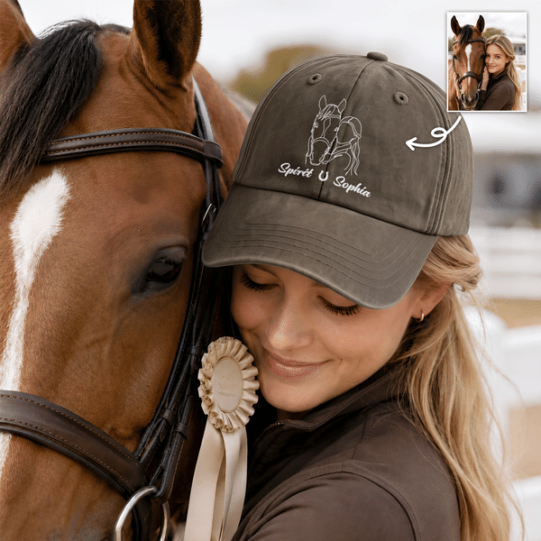 Personalised Line Horse Photo Silhouette Adjustable Baseball Cap with Name Horse Riding Birthday Gift for Horse Lovers Equestrians