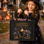 Personalized Cute Halloween Cartoon Character Photo Black Linen Tote Bag with Name Halloween Party Trick or Treat Gift for Boys Girls Halloween Lovers