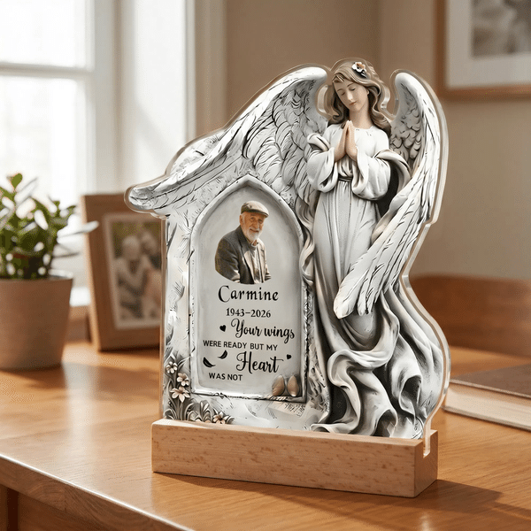 Personalized Angel-Shaped Acrylic Memorial Plaque with Name and Wooden Base Loss of Loved One Sympathy Gift for Family Friend