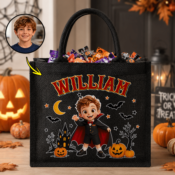 Personalized Cute Halloween Cartoon Character Photo Black Linen Tote Bag with Name Halloween Party Trick or Treat Gift for Boys Girls Halloween Lovers