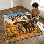 Personalised Western Cowboy Photo Horse Pattern Soft Tassel Throw Blanket with Name Home Decor Daily Use Birthday Gift for Kids