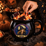 Personlig keramisk kaffekopp med heksemotiv i imitasjon av farget glass, med navn og bilde – til daglig bruk, Halloween-gave til kvinner og jenter