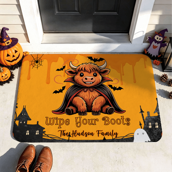 Personalised Highland Cow Wipe Your Boots Bat Spooky Ghost Doormat with Family Name Home Decor Halloween Gift for Highland Cow Lovers