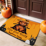 Personalised Highland Cow Wipe Your Boots Bat Spooky Ghost Doormat with Family Name Home Decor Halloween Gift for Highland Cow Lovers