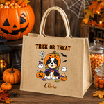 Personalized Trick or Treat Cute Cartoon Pumpkin Witzard Dog Tote Bag with Name Halloween Gift for Boys Girls