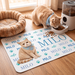 Personalized 3D-Effect Artwork Cartoon Pet Photo Paw Print PU Leather Pet Feeding Mat with Name Daily Use Birthday Gift for Pet Lovers Friends