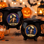 Personlig keramisk kaffekopp med heksemotiv i imitasjon av farget glass, med navn og bilde – til daglig bruk, Halloween-gave til kvinner og jenter