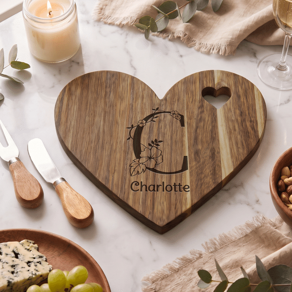 Personalized Floral Minimalist Line Initial Name Heart Cutting Board with Knife and Fork Wedding Party Housewarming Gift for Newlyweds Family