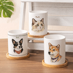 Personalized Watercolor Pet Photo Ceramic Plant Pot with Name and Bamboo Base Anniversary Birthday Gift for Pet Owner