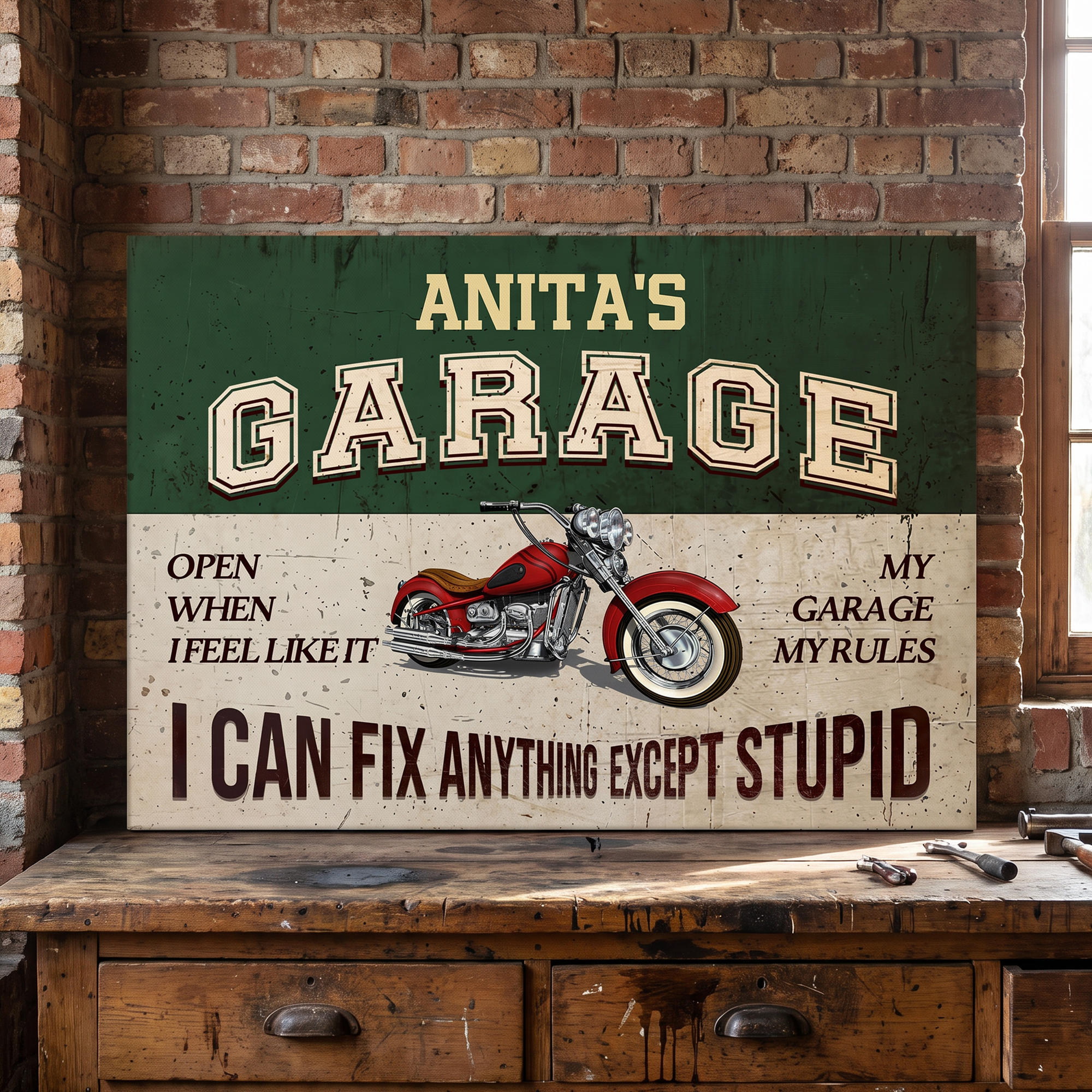 Personalisierter Leinwanddruck mit Ich kann alles reparieren, außer Dummheit & Namen | Garagen-Deko | Geburtstagsgeschenk für Auto- & Motorradfans