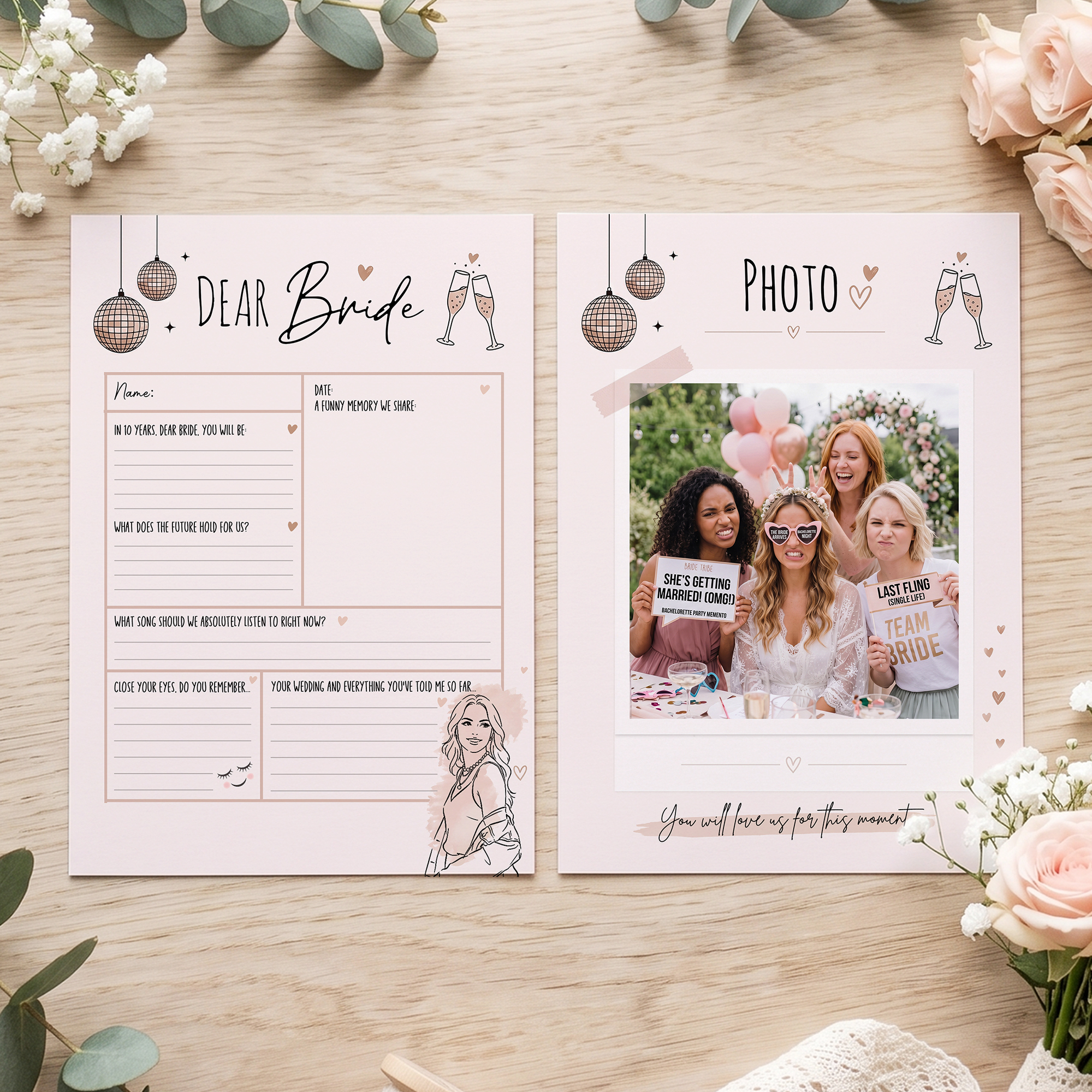 Personalisierte rosa Grußkarte mit Foto und der Aufschrift „Liebe Braut“ – Junggesellinnenabschied, Hochzeitsgeschenk für Bräute, beste Freundinnen