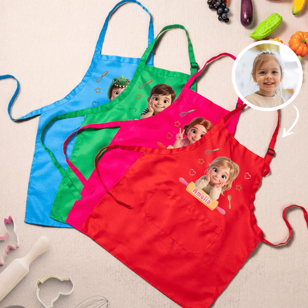 Personalized Cute Cartoon Kid Photo Apron Chef Hat Set with Name  and Pocket Cooking Accessory Baking Party Birthday Gift for Boys Girls