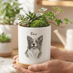 Personalized Watercolor Pet Photo Ceramic Plant Pot with Name and Bamboo Base Anniversary Birthday Gift for Pet Owner