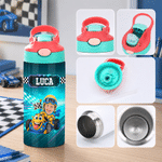 Personalized Racing Photo 12 oz Insulated Water Bottle with Name Back to School Birthday Gift for Kid