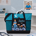 Personalised Doctor Nurse Photo Birth Flower Large Capacity Tote Bag with Name and Mesh Pockets Week Nurse Appreciation Gift for Medical Staff
