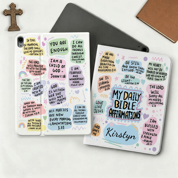 Personalised Colourful Bible Affirmations Pad Case Protective Cover for iPad with Name Baptism Birthday Gift for Christian