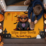 Personalised Highland Cow Wipe Your Boots Bat Spooky Ghost Doormat with Family Name Home Decor Halloween Gift for Highland Cow Lovers