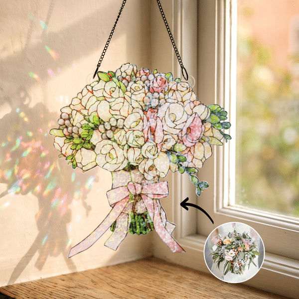 Personalised Wedding Bouquet Stained Glass Effect Acrylic Suncatcher Ornament Home Decor Wedding Gift for Bride Newlywed