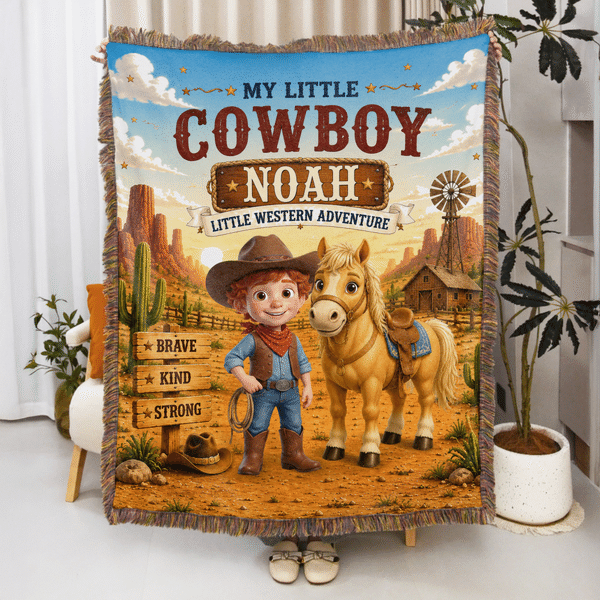 Personalised Western Cowboy Photo Horse Pattern Soft Tassel Throw Blanket with Name Home Decor Daily Use Birthday Gift for Kids
