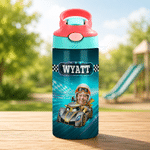 Personalized Racing Photo 12 oz Insulated Water Bottle with Name Back to School Birthday Gift for Kid