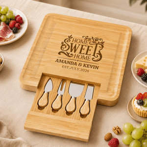 Personalised Wreath House Element Bamboo Chopping Board with Name Date and Drawer Housewarming Anniversary Gift for Family
