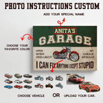 Personalized I Can Fix Anything Except Stupid Garage Canvas Prints with Name Garage Decor Ship from USA Birthday Gift for Car Motorcycle Lovers