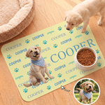 Personalized 3D-Effect Artwork Cartoon Pet Photo Paw Print PU Leather Pet Feeding Mat with Name Daily Use Birthday Gift for Pet Lovers Friends