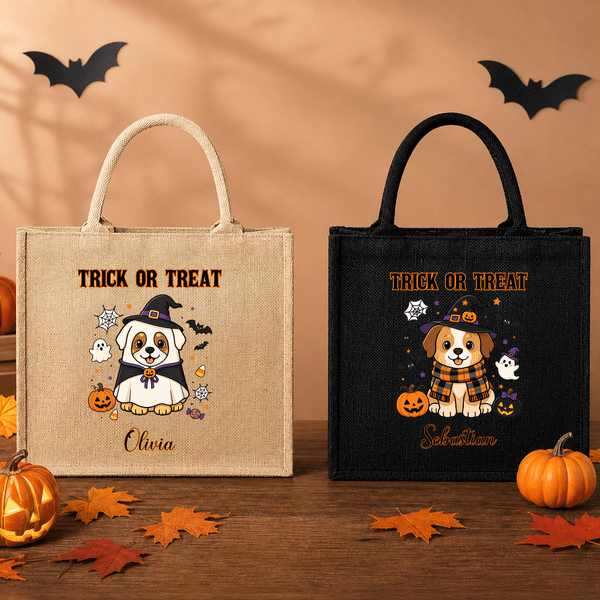 Personalized Trick or Treat Cute Cartoon Pumpkin Witzard Dog Tote Bag with Name Halloween Gift for Boys Girls