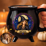 Personlig keramisk kaffekopp med heksemotiv i imitasjon av farget glass, med navn og bilde – til daglig bruk, Halloween-gave til kvinner og jenter