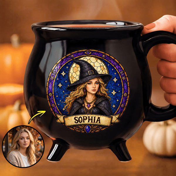 Personlig keramisk kaffekopp med heksemotiv i imitasjon av farget glass, med navn og bilde – til daglig bruk, Halloween-gave til kvinner og jenter