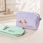 Personalized Zodiac Sign Striped Makeup Bag with Name Travel Essential Birthday Gift for Women Constellation Enthusiasts