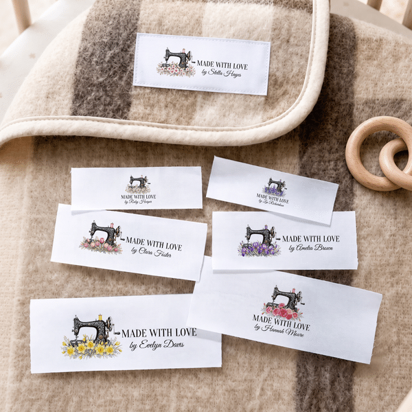 Personalized Sewing Machine Birth Flower 100% Cotton Sewing Labels with Text Clothing Handmade Item 15 Pcs Birthday Gift for DIY Craft Lovers