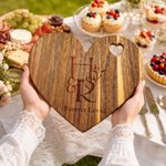 Personalized Engraved Initials Heart Walnut Wooden Cutting Board with Cheese Fork and Cheese Spreader Housewarming Wedding Gift for Newlyweds Couples