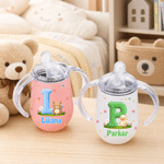 Personalized Cute Cartoon Animals Pattern Star Flower Cloud 10 oz Sippy Cup with Name and Initial Kindergarten Birthday Gift for Kids