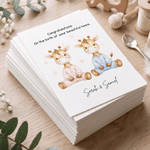 Spersonalizowana, składana kartka z rysunkową żyrafą z okazji narodzin bliźniąt, z imieniem i tytułem – prezent na baby shower lub urodziny dla świeżo upieczonych rodziców