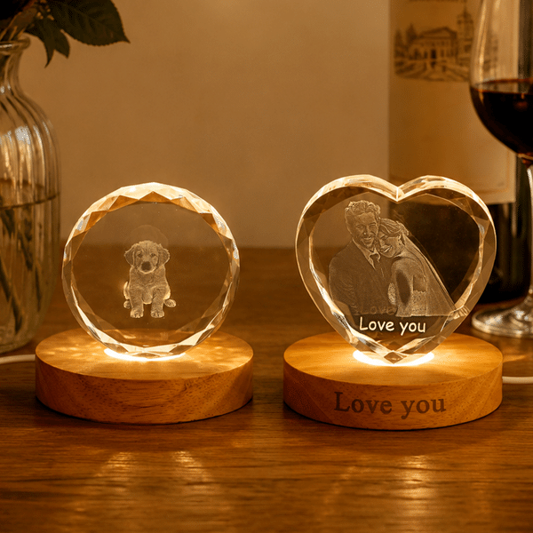 Personalized 3D Crystal Photo LED Night Light with Text and Wooden Base Home Decor Valentine's Day Anniversary Gift for Couple