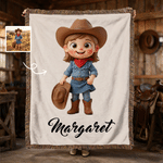 Personalized Cartoon Cowgirl Cowboy Soft Throw Blanket with Name and Tassel Home Decor Birthday Christmas Gift For Kids Cowboy Lovers