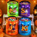 Personalized Halloween Theme Kid Photo LED Light Bucket Bag with Name and Initial Trick or Treat Halloween Party Gift for Boys Girls