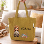 Personalised Knitted Cartoon Character Large Capacity Corduroy Tote Bag with Name and Photo Birthday Anniversary Gift for Women Knitting Lovers