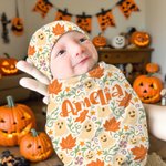Personalised Pumpkin Flower 100% Cotton Swaddle and Knot Hat Set with Name First Halloween Baby Shower Birthday Gift for Baby Newborns